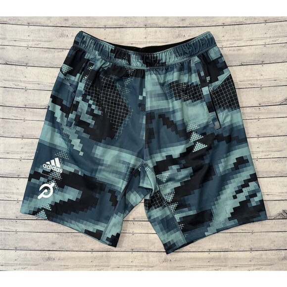 Adidas x Peloton Active Shorts Sz M Blue Geometric  Digi Print Bike Spin Stretch - Picture 1 of 16
